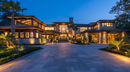 Luxury modern mansion exterior at twilight, beautifully lit