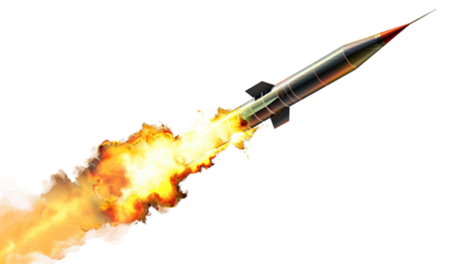 Missile rocket with fire trail isolated on white background.