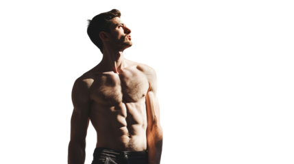 Skinny shirtless man isolated on white background.
