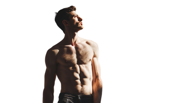 Skinny shirtless man isolated on white background.