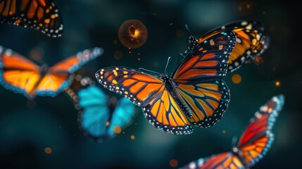 Close-up colorful Butterflies flying in dark background