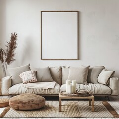Minimalist living room with sofa, candles, and a large wooden framed mockup.