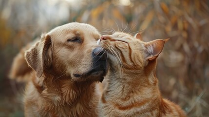 Dog enjoying a head scratch from a friendly orange tabby cat