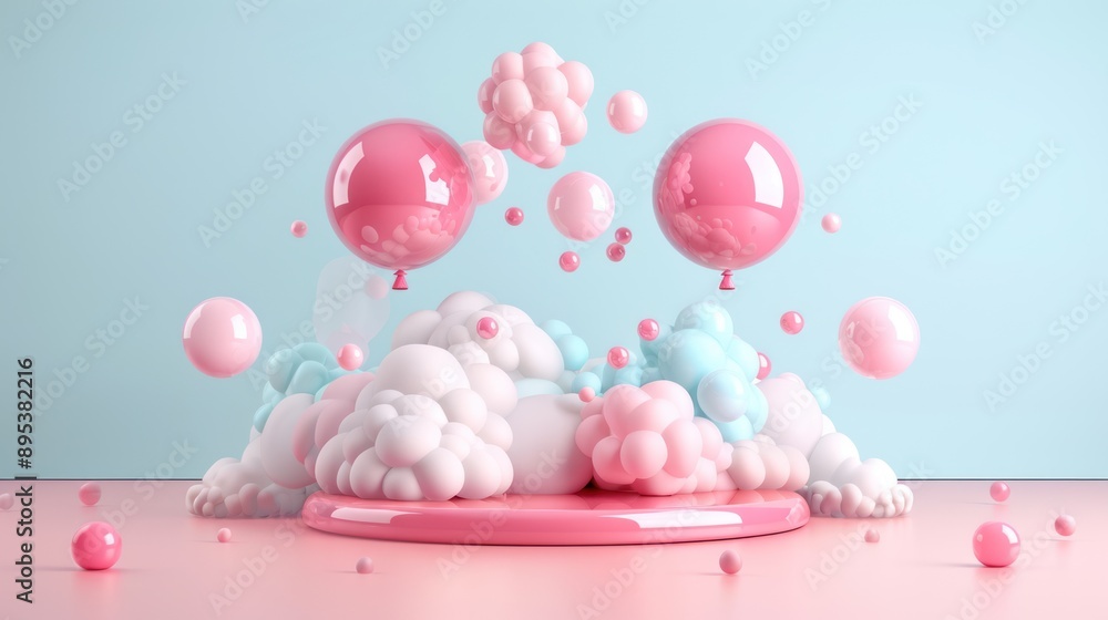 Poster elegance in simplicity: floating silk podium with geometric shapes in pastel tones - 3d render of lu
