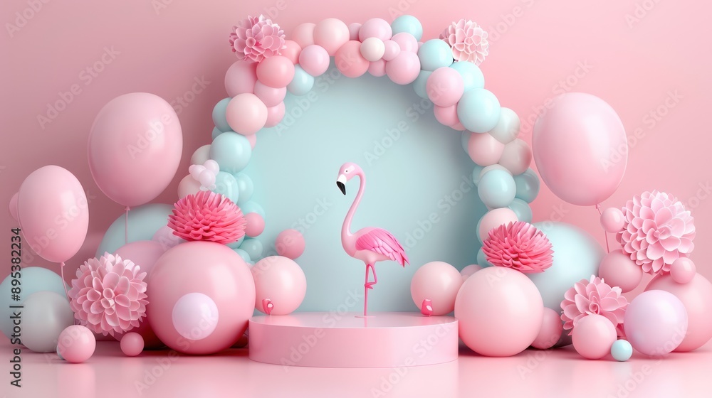 Poster luxe pastel 3d podium in minimalistic studio setting with geometric shadows and silk backdrop, gener