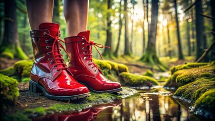 Vibrant red boots with laces and buckles trek through murky brown mud in a whimsical, storybook-inspired forest landscape background.