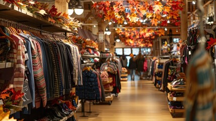 Fototapeta premium A vibrant autumn-themed retail store filled with colorful clothing and decorative leaves for a cozy shopping experience.