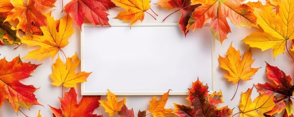 A vibrant display of autumn leaves in orange and yellow surrounding a blank frame, perfect for seasonal designs and invitations.