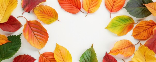 Fototapeta premium Vibrant autumn leaves arranged artistically on a white background, showcasing rich colors and natural beauty in fall.
