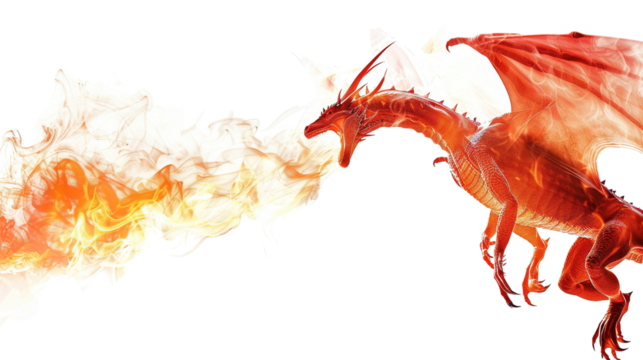 Fire breathing dragon isolated on white background.