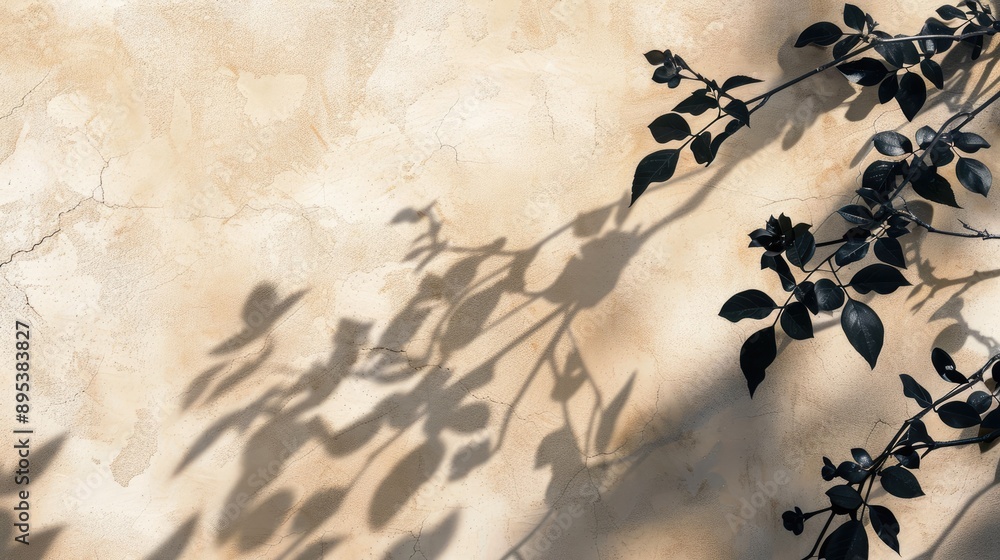 Poster Shadow silhouette of floral branches on beige wall