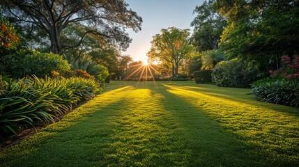 Obraz premium Sunset over a beautifully landscaped garden
