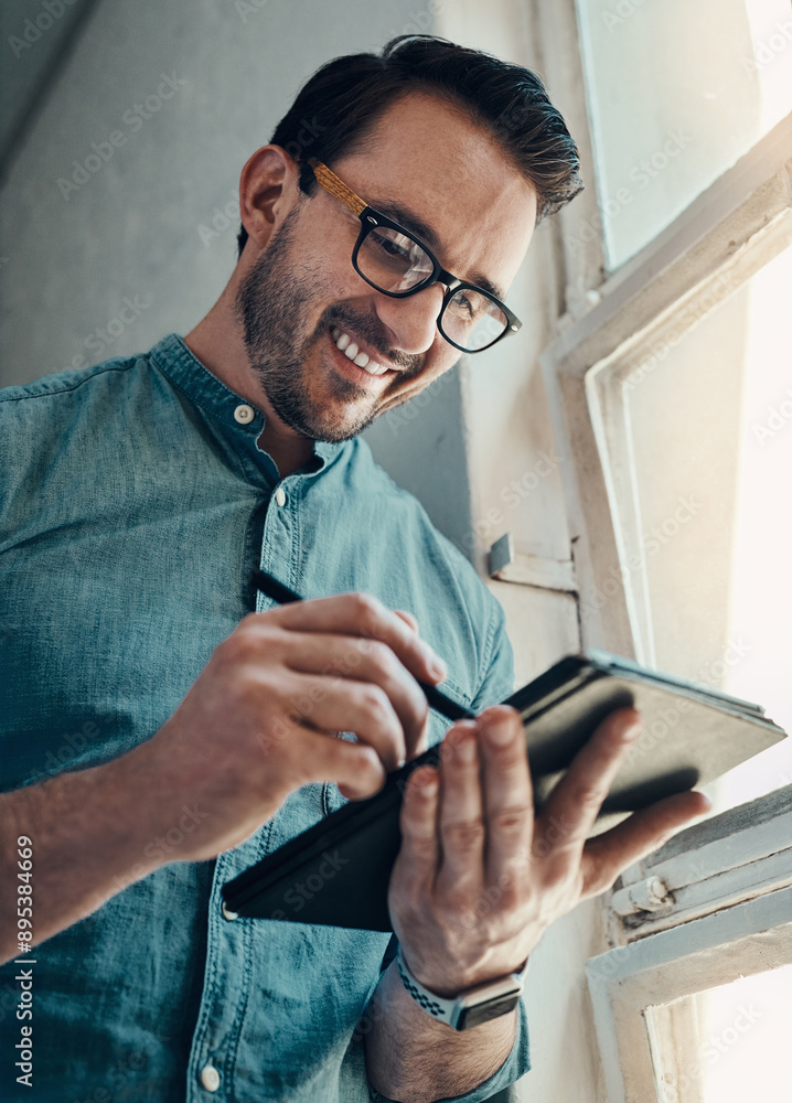 Poster tablet, businessman and thinking in office for research, planning and website design. technology, pe