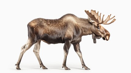 Obraz premium A large brown and white moose is walking across a white background