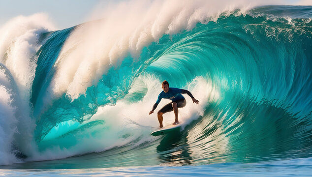 Surfer on blue ocean wave