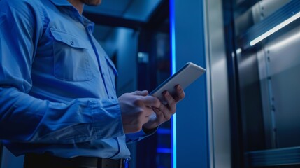 Naklejka premium Inspector man using digital tablet checking safety and security system in the building. Close up view.