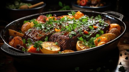 Fototapeta premium delicious pot roast meat with black and blur background