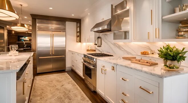 Nautical Elegance: A Galley Kitchen with Leek Marble Countertops and Gold Hardware