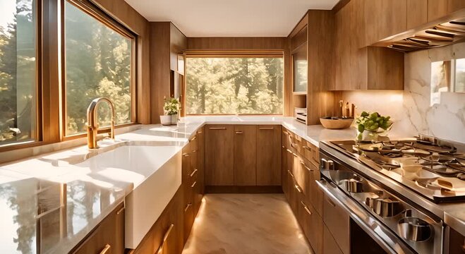 Nautical Elegance: A Galley Kitchen with Leek Marble Countertops and Gold Hardware