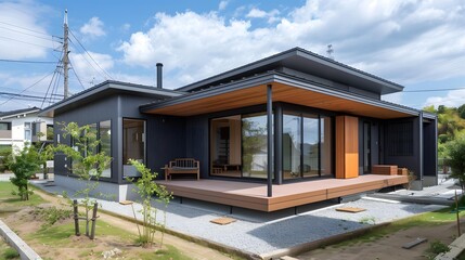 Modern Japanese Home with Wooden Deck and Large Windows