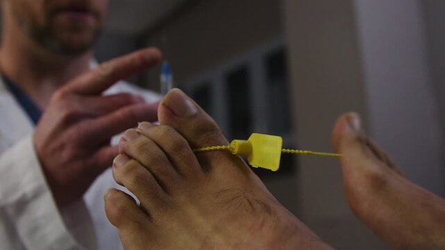 Zoom out from toe tag to doctor in morgue