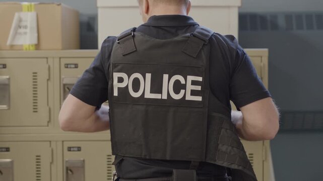Zoom out from police officer taking off vest