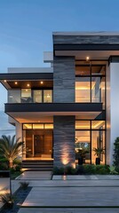 Fototapeta premium Modern Home Exterior Design With Stone Wall And Balcony
