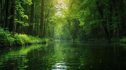 Tranquil forest river with lush green trees