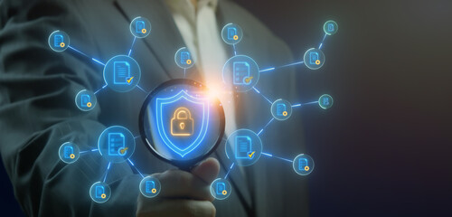 Certified guarantee approval or secure access system concept, Quality assurance of business service. Businessman showing identity proofing icon for the security protection system on virtual screen.