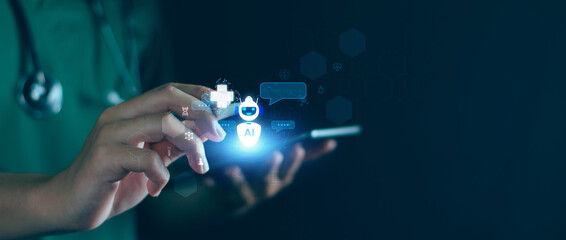 Medical AI technology, doctor use AI for diagnosis, care, health and increasing accuracy patient...