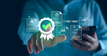 ISO 14001 concept. ISO standards quality control 14001 certified for environmental management...
