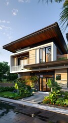Fototapeta premium Modern House Exterior with Swimming Pool and Landscaping
