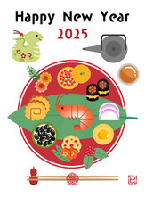 New Year's card for the year of the snake 2025Illustration of stylish one-plate Osechi cuisine (traditional Japanese New Year's dishes)