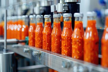 Bottling line with freshly made chili sauce being filled, capped, and labeled in a factory setting