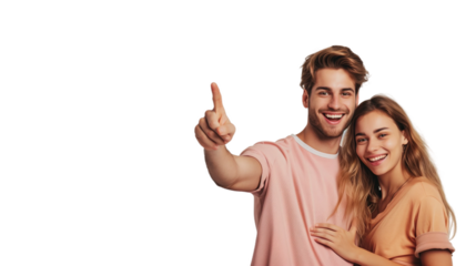 Woman and man smiling and pointing at copy space on side,PNG,transparent background,clipart.
