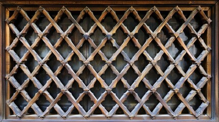 Ornate wood lattice on vintage window. Background, pattern, frame, text space
