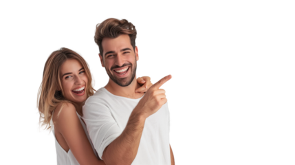 Woman and man smiling and pointing at copy space on side,PNG,transparent background,clipart.