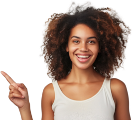 Woman smiling and pointing at copy space on side,PNG,transparent background,clipart.