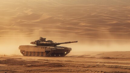 Military tank moving through desert landscape