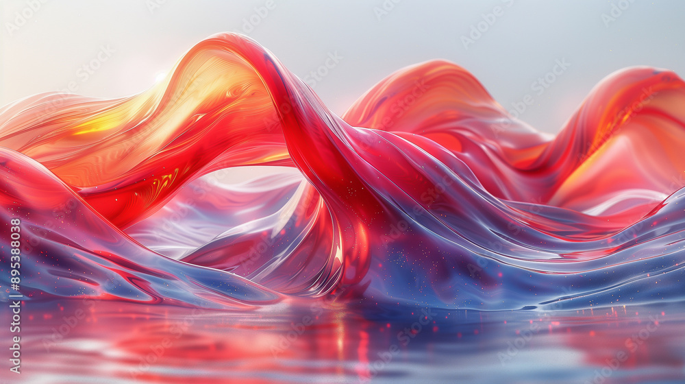 Poster dynamic flowing fabric waves in red and yellow tones..