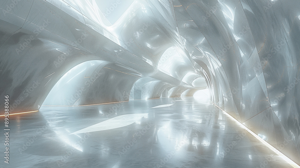 Poster futuristic white hallway with sleek curved architecture..