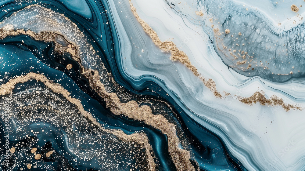 Poster abstract fluid art with blue and gold marbled patterns..