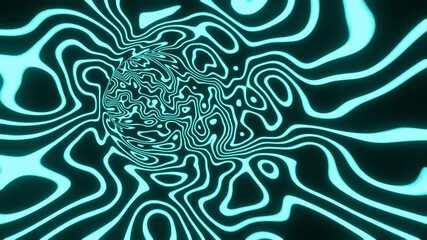 Abstract futuristic tunnel with flying neon turquoise pattern. Optical illusion tunnel with psychedelic stripes - 4K seamless background animation VJ Loop Motion 3D rendering.