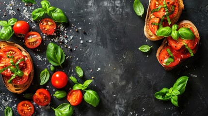 Tomato Basil Toasts: Healthy Homemade Snack. Coarse Sea Salt. Top View. Copy Space.