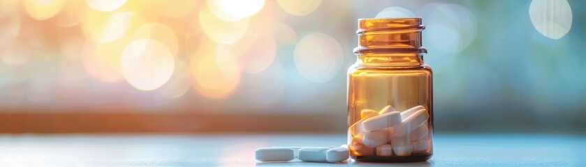 a prescription bottle with white pills, ideal for health and wellness themes in stock photography.