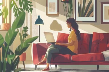 Fototapeta premium Woman Working on Laptop in Cozy Living Room