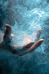 A man's hand reaches out through the smoke and light in a mysterious and moody atmosphere, creating an abstract and surreal image.