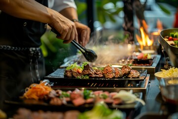 Naklejka premium Asian chef plating a traditional Korean barbecue dish, Generative AI