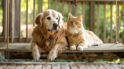 A young cat and a senior dog peacefully sitting side by side on a porch swing surrounded by a lovely garden view in a tranquil afternoon setting