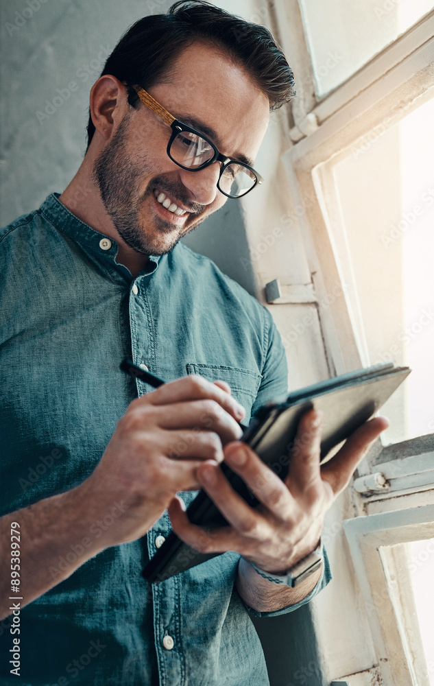 Poster tablet, smile and creative man in office for digital project, planning and design research. technolo
